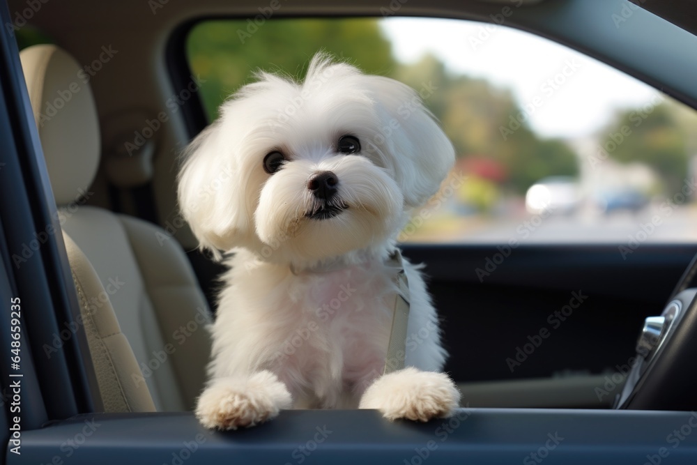 mini cute maltese bichon dog sitting at back of car ready for travel 