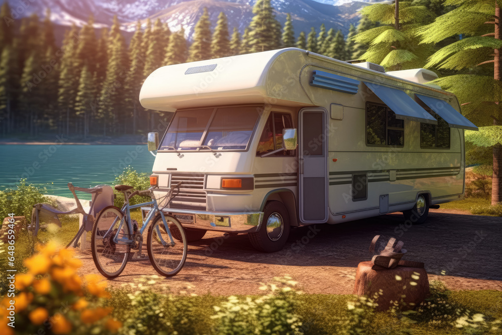 Outdoor camper by the lake. The concept of traveling by car, camper, on your own. Generative AI. Outdoor camper by the lake. The concept of traveling by car, camper, on your own. Generative AI.