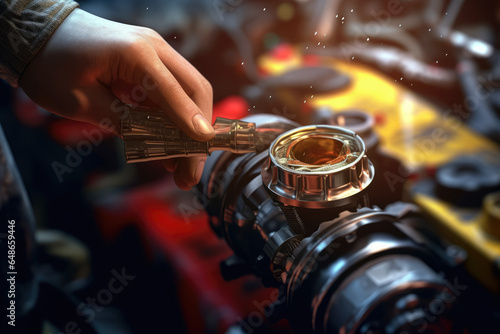 Replacing or adding oil to a car engine. Car engine care concept, car check and inspection. Generative AI.