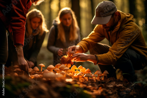 Family picking mushrooms in the woods in autumn