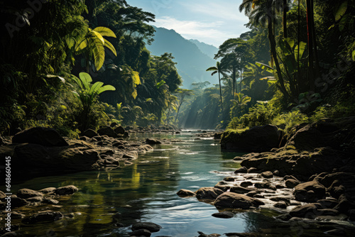 A tropical rainforest with dense vegetation  towering trees  and a vibrant canopy.  Generative AI.