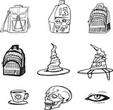 Stylized Witch Hat Set Line Clip Art Design Linear Halloween Witchcraft Magic Elements icons. Doodle  elements Vector hand-drawn illustration for holiday designs, decorations. Cartoon line drawing