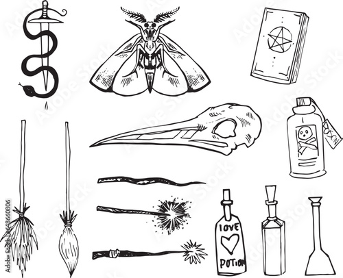 Stylized Witch Set Line Clip Art Design Linear Halloween Witchcraft Magic Elements icons. Doodle  elements Vector hand-drawn illustration for holiday designs, decorations. Cartoon line drawing stuff