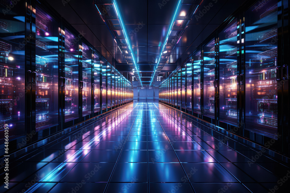 A high-tech data center with rows of servers and blinking lights. Generative AI. A high-tech data center with rows of servers and blinking lights. Generative AI.