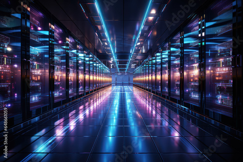 A high-tech data center with rows of servers and blinking lights. Generative AI.
