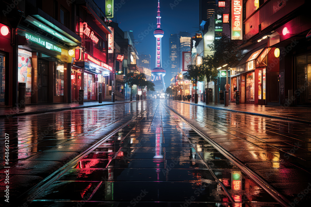 A bustling cityscape at night, lit up with neon lights and reflections on wet streets after rain. Generative AI.