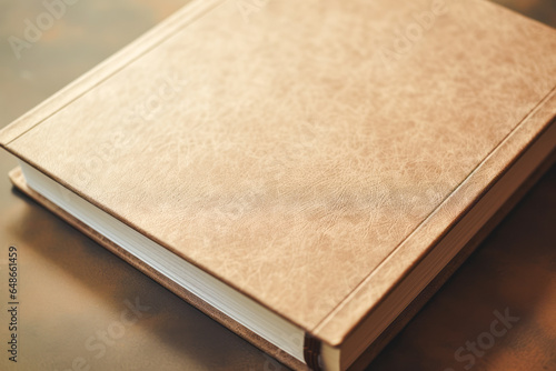 A closed book with a beige cover and a white spine on a wooden surface