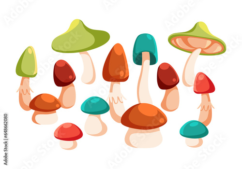PrintSet of cute Mushrooms design elements, Autumn concept. Vector flat illustration. Isolated elements for your Autumn design.