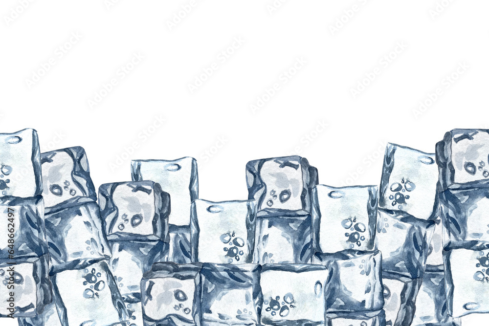 Ice Square Frame Watercolor ice cubes background, crystal ice blocks frame, isolated ...