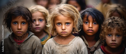 Sad serious Multiethnic poor little children looking at the camera