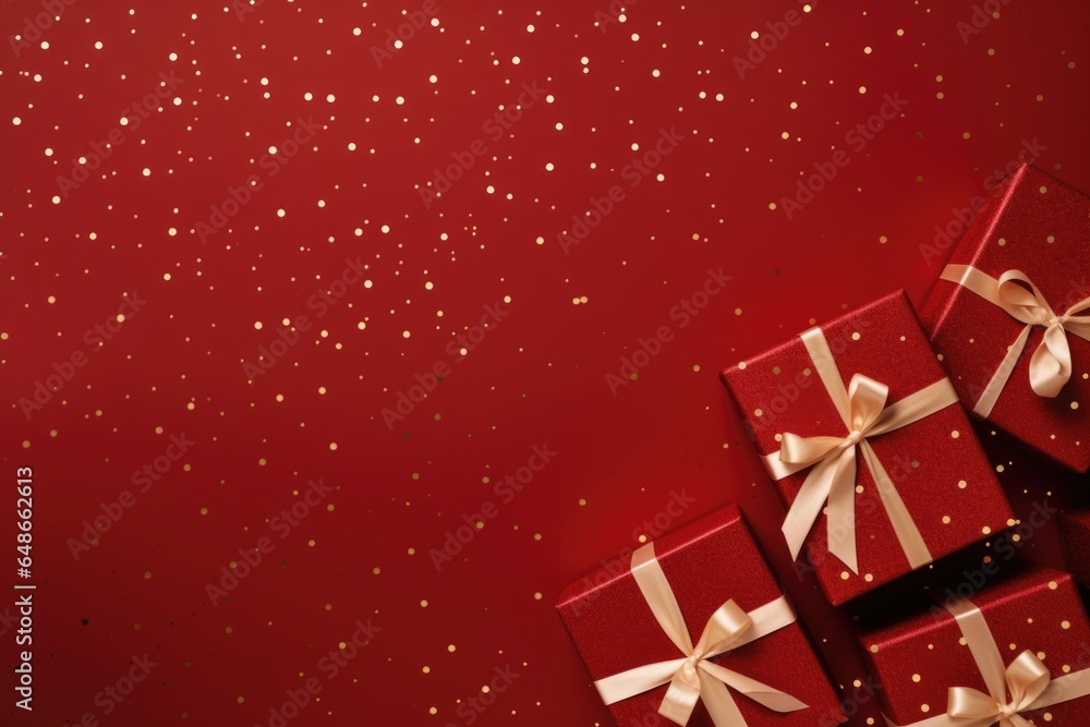 Group of festive wrapped gift boxes tied with ribbon and star isolated on red background. New Year, Christmas and holidays greeting card, frame, banner. Flat lay, top view with copy space Group of festive wrapped gift boxes tied with ribbon and star isolated on red background. New Year, Christmas and holidays greeting card, frame, banner. Flat lay, top view with copy space