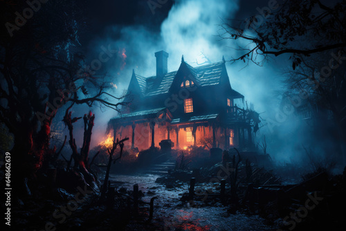 A haunted house attraction with eerie decorations and fog machines. Generative Ai.
