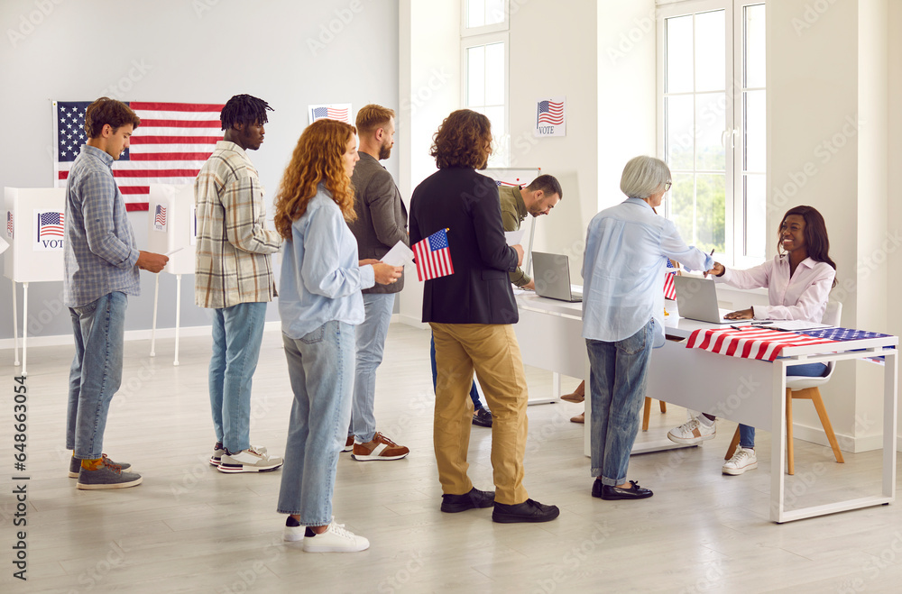 Fototapeta premium Diverse American citizens vote at presidential elections. Young and mature multiracial multiethnic people standing in line at polling station. Elections, democracy, United States of America concept