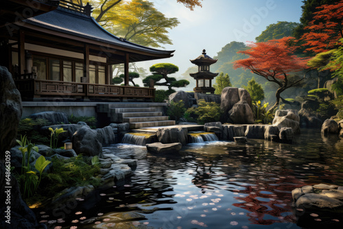 A meditation garden adorned with Zen stones and tranquil water features. Generative Ai.