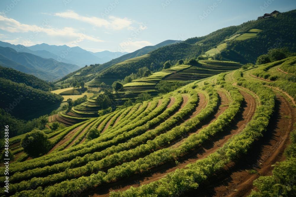 A terraced hillside farm preventing soil erosion and conserving water resources. Generative Ai.