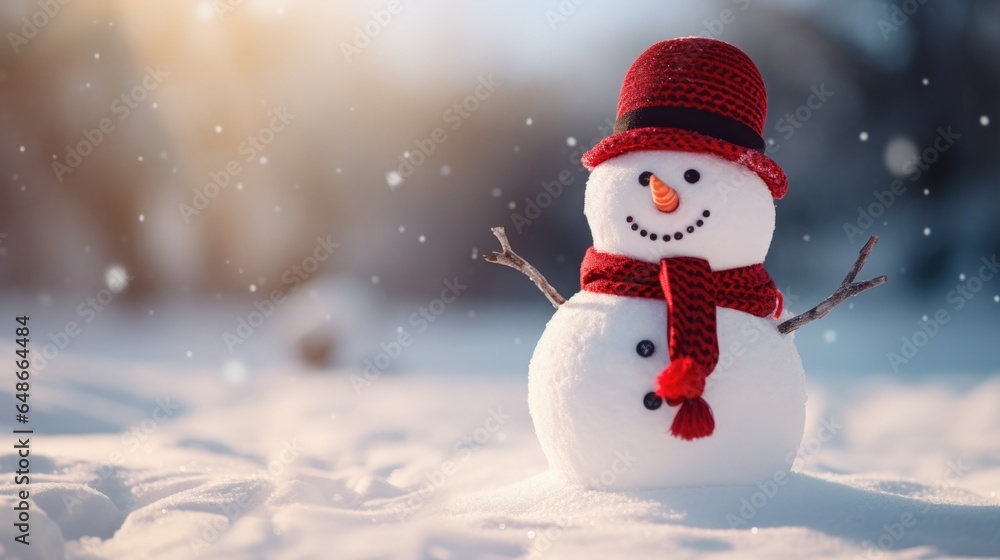 Merry Christmas and happy new year concept, Happy snowman standing in Christmas winter background, Copy space, generative ai