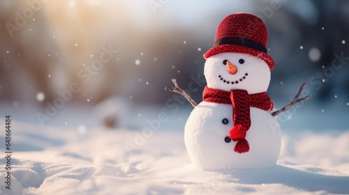 Merry Christmas and happy new year concept, Happy snowman standing in Christmas winter background, Copy space, generative ai © OP38Studio