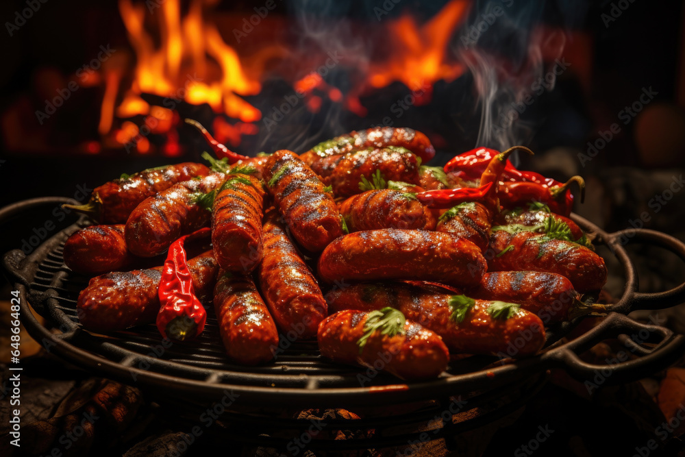 Sizzling sausages being grilled over an open flame, infusing the air with the mouthwatering aromas of Oktoberfest cuisine. Generative Ai.