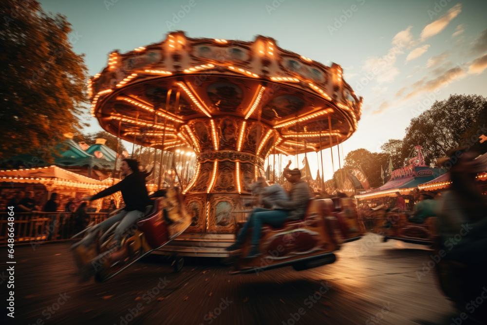 A whirl of motion as attendees enjoy the thrill of traditional carnival rides, adding an element of excitement to Oktoberfest. Generative Ai.