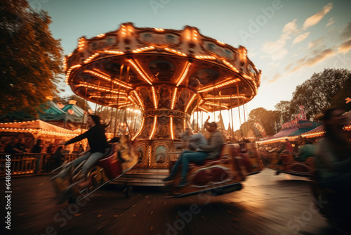 A whirl of motion as attendees enjoy the thrill of traditional carnival rides, adding an element of excitement to Oktoberfest. Generative Ai. © Sebastian