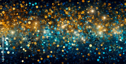 Blurred bokeh light background, Christmas and New Year holidays background. Christmas Golden light shine particles bokeh on navy blue background. Gold foil texture. Holiday concept.