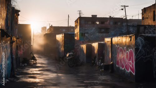 Fototapeta Naklejka Na Ścianę i Meble -  Small street in ghetto slum with graffiti on buildings and sunset in background. Extremely detailed and realistic high resolution concept design illustration