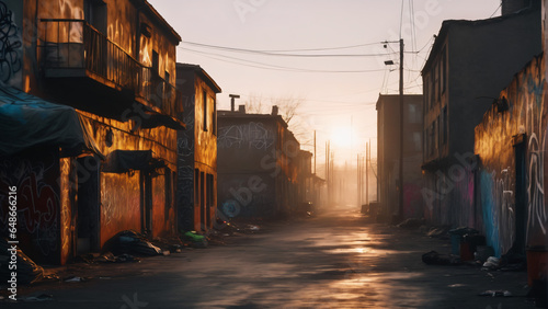 Small street in ghetto slum with graffiti on buildings and sunset in background. Extremely detailed and realistic high resolution concept design illustration photo