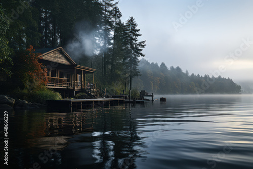 A tranquil morning scene at a lakeside cabin, with the mist rising from the water, invoking a sense of serenity. Generative Ai.