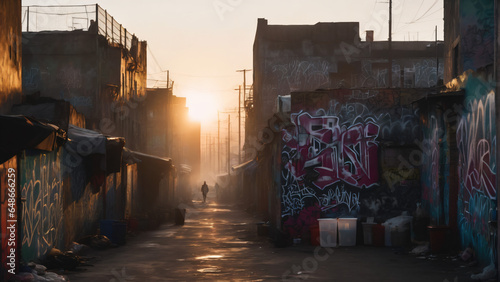 Small street in ghetto slum with graffiti on buildings and sunset in background. Extremely detailed and realistic high resolution concept design illustration photo