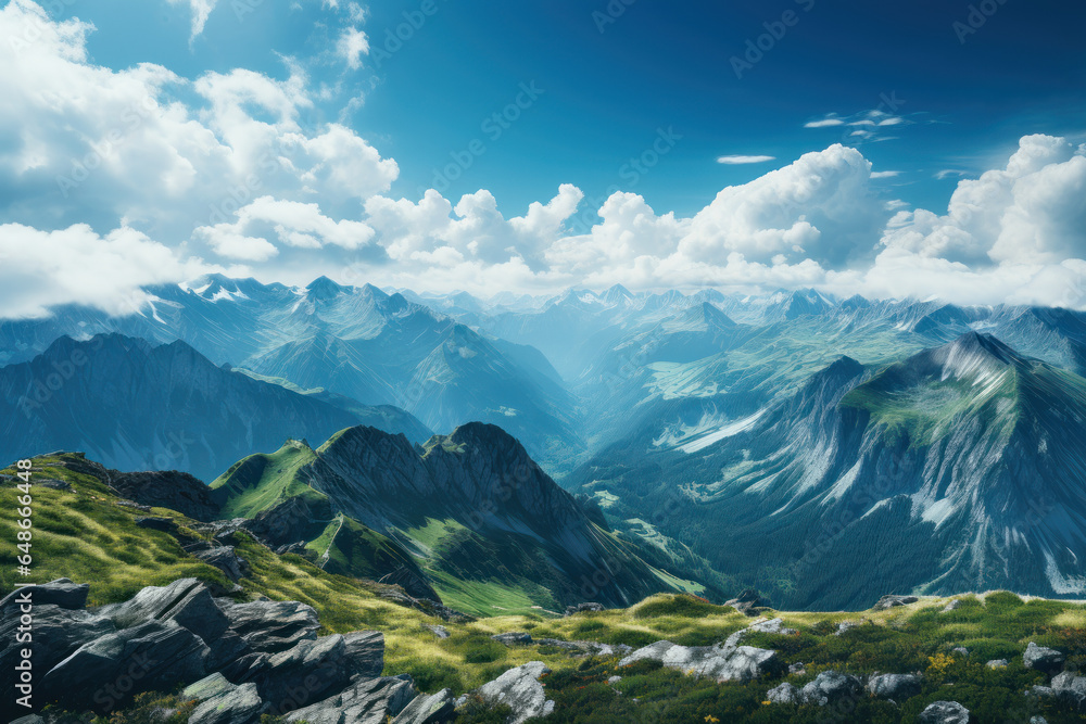 Naklejka premium A panoramic view from a mountaintop, where the world stretches out below, inviting adventure. Generative Ai.