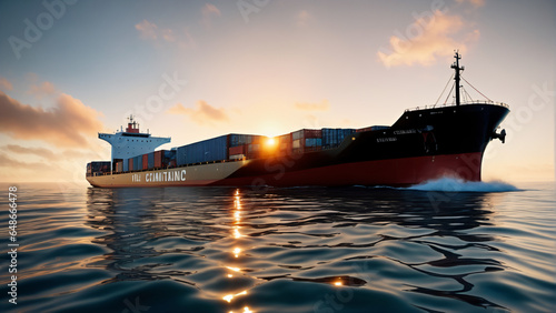 Container ship at the sea with sunset in the background. Highly detailed and realistic high resolution concept design illustration photo