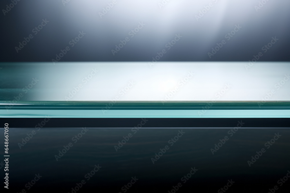 A close up of a glass shelf with a blue tint and a metal bracket A close up of a glass shelf with a blue tint and a metal bracket