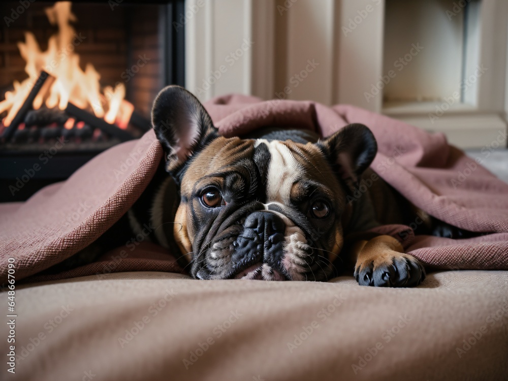 French Bulldog Nestled Under a Blanket in Front of a Cozy Fireplace