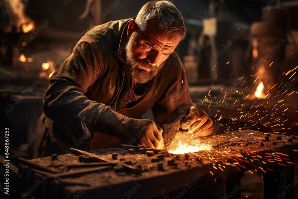 A skilled blacksmith forging a piece of metal with fire and hammer, shaping raw material into art. Generative Ai. A skilled blacksmith forging a piece of metal with fire and hammer, shaping raw material into art. Generative Ai.