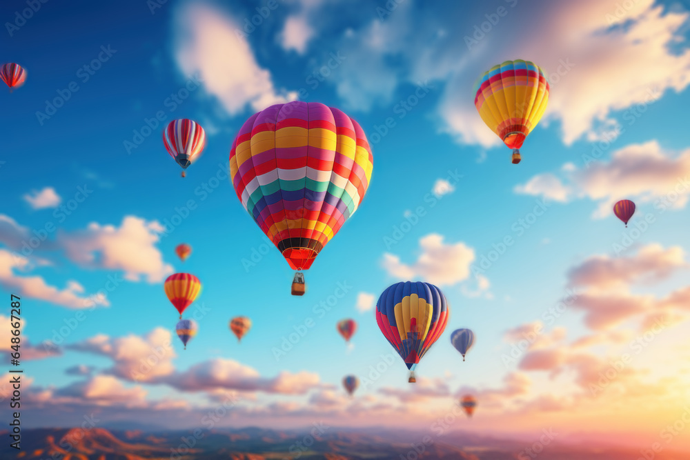 Naklejka premium A colorful hot air balloon festival, with balloons ascending into a brilliant blue sky. Generative Ai.