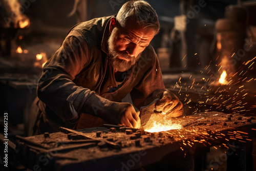 A skilled blacksmith forging a piece of metal with fire and hammer, shaping raw material into art. Generative Ai.