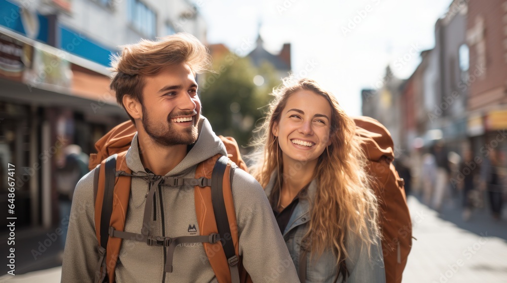 Two Youthful Sightseers With Rucksacks Touring City Two Youthful Sightseers With Rucksacks Touring City