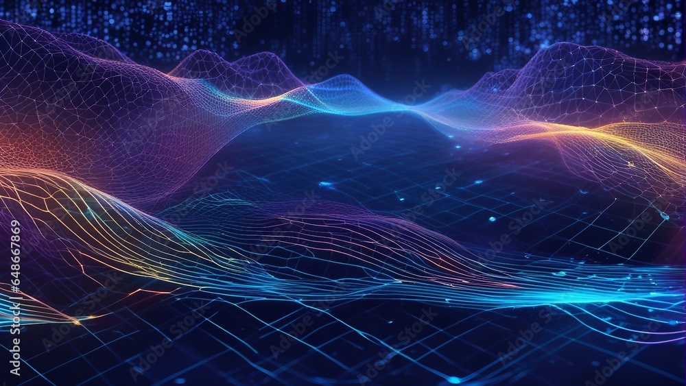 Obraz premium Cyber big data flow. Blockchain data fields. Network line connect stream