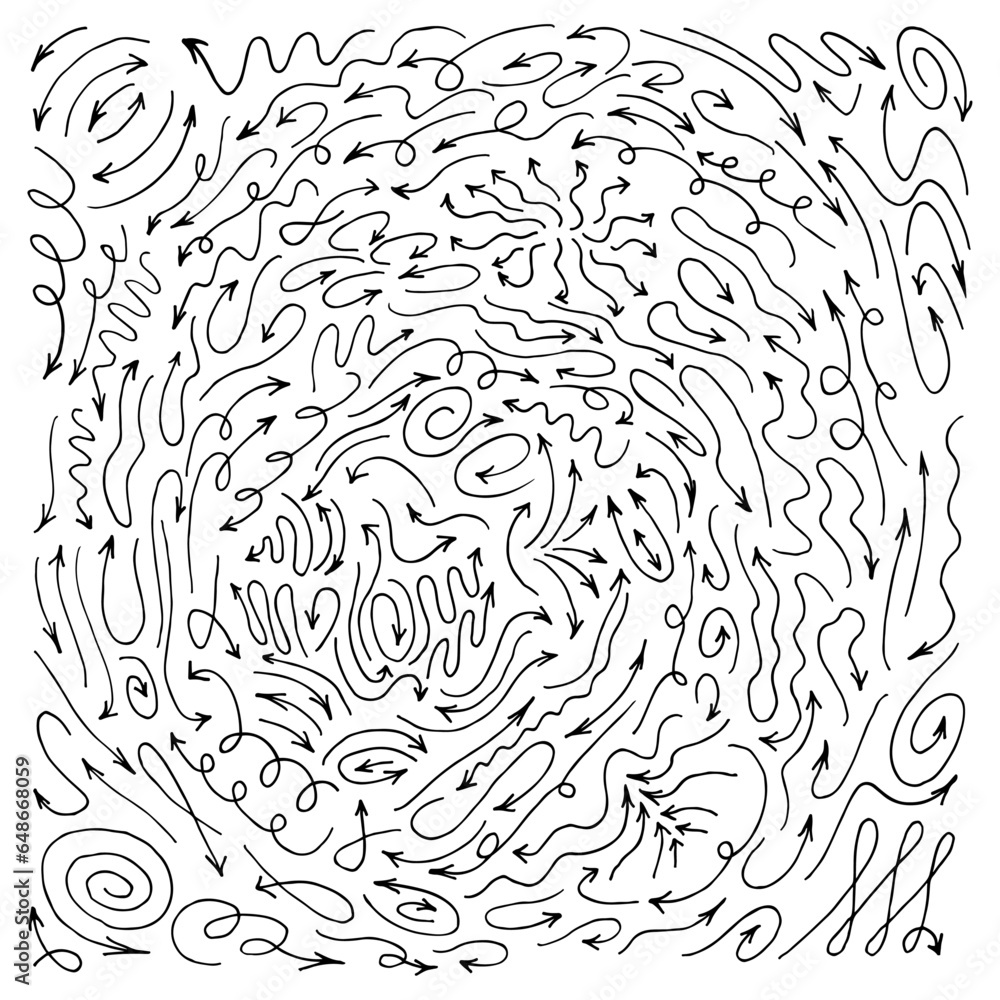 A pattern of hand drawn arrows of different shapes pointing in different directions in a line style. Collection of trendy thin and simple black vector arrows on white background A pattern of hand drawn arrows of different shapes pointing in different directions in a line style. Collection of trendy thin and simple black vector arrows on white background
