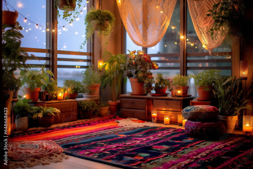 House with cozy boho ethnic interior in living room at night, pillows, cushions, green plants in a flower pot, couch or sofa and decoration at home, lighting