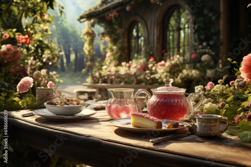 A garden tea party with Victorian-era decor and freshly brewed herbal infusions. Generative Ai.