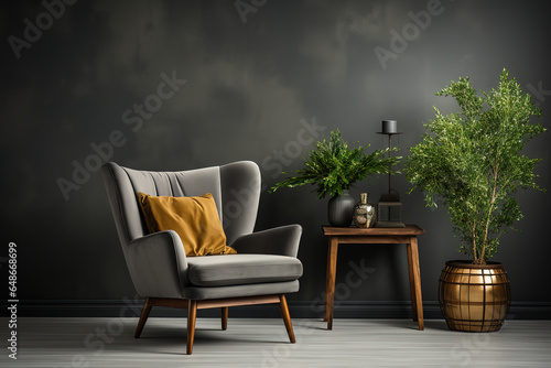Armchair against a background of a dark gray wall with plants, generative ai 