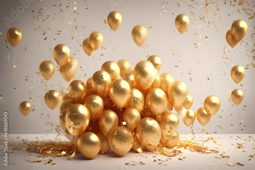 Create a captivating 3D visualization featuring a stunning bouquet arrangement, with lifelike transparent, golden balloons and shimmering gold ribbons, complemented by a cascade of serpentine and conf