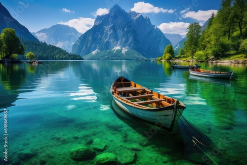 Boats on the Lake in summer and clear water with mountain bacground