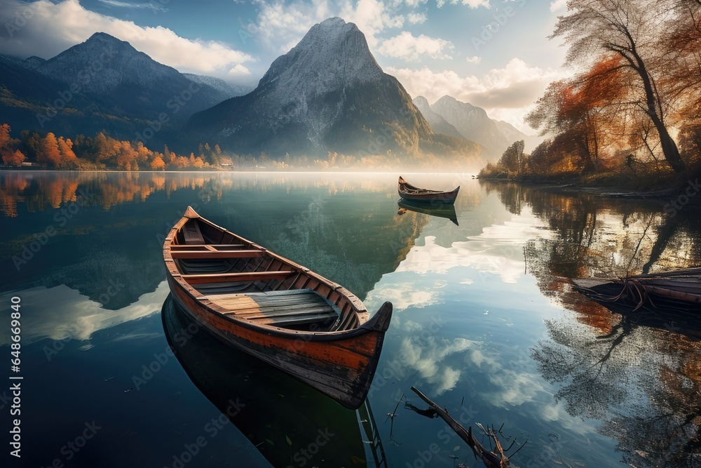 Boats on the lake with a mountain background