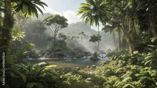 A captivating image of a tropical jungle with pond surrounded with palm trees - AI Generative © Being Imaginative