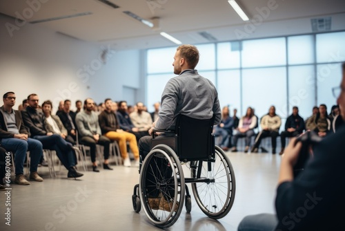 Young adult in a wheelchair giving a lecture. Concept of inclusion and support for people with disabilities in universities.