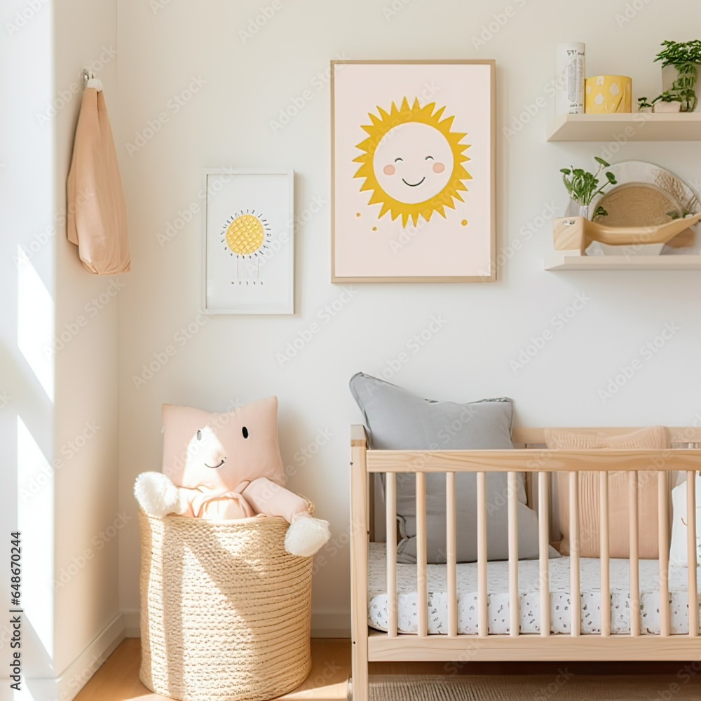 Nursery with Crib and Basket - Cozy and Safe Space for Your Baby, inspiration, ideas - obrazy, fototapety, plakaty 