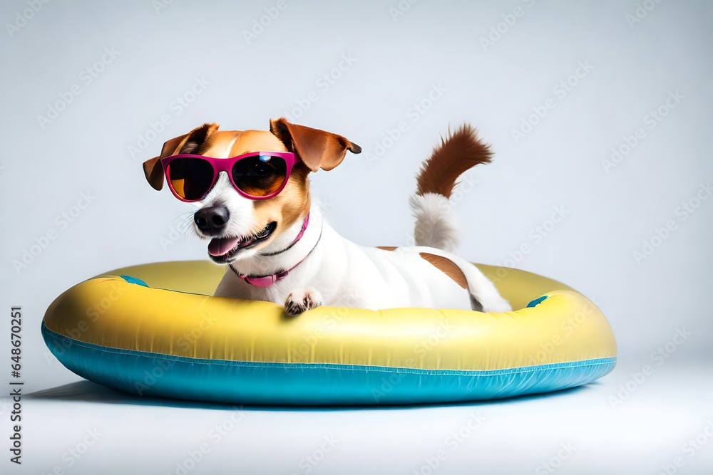 puppy dog wearing sunglasses and sitting in the swimming tube 