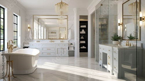 Bright and Elegant Luxury Bathroom with Freestanding Tub and Marble Countertops